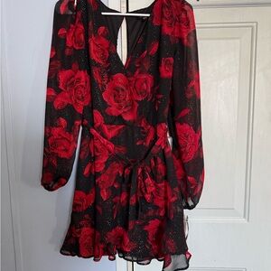 City Studio Black and Red Floral Long Sleeve Dress